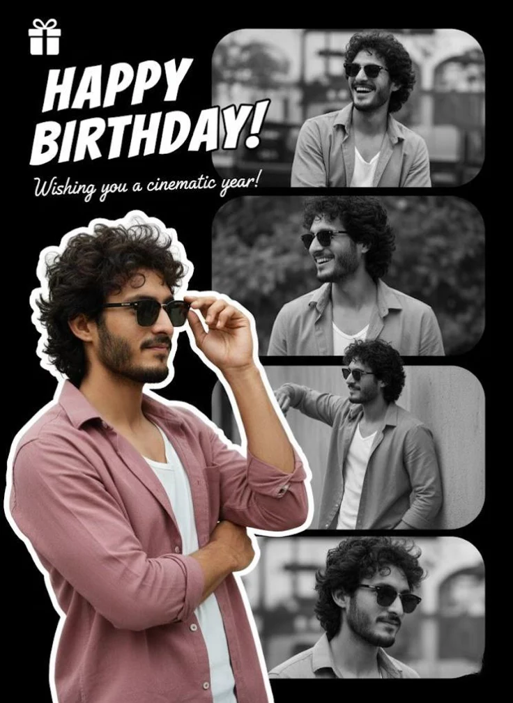 Studio Birthday Poster featuring a bold black cinematic birthday prompt with grayscale film panels