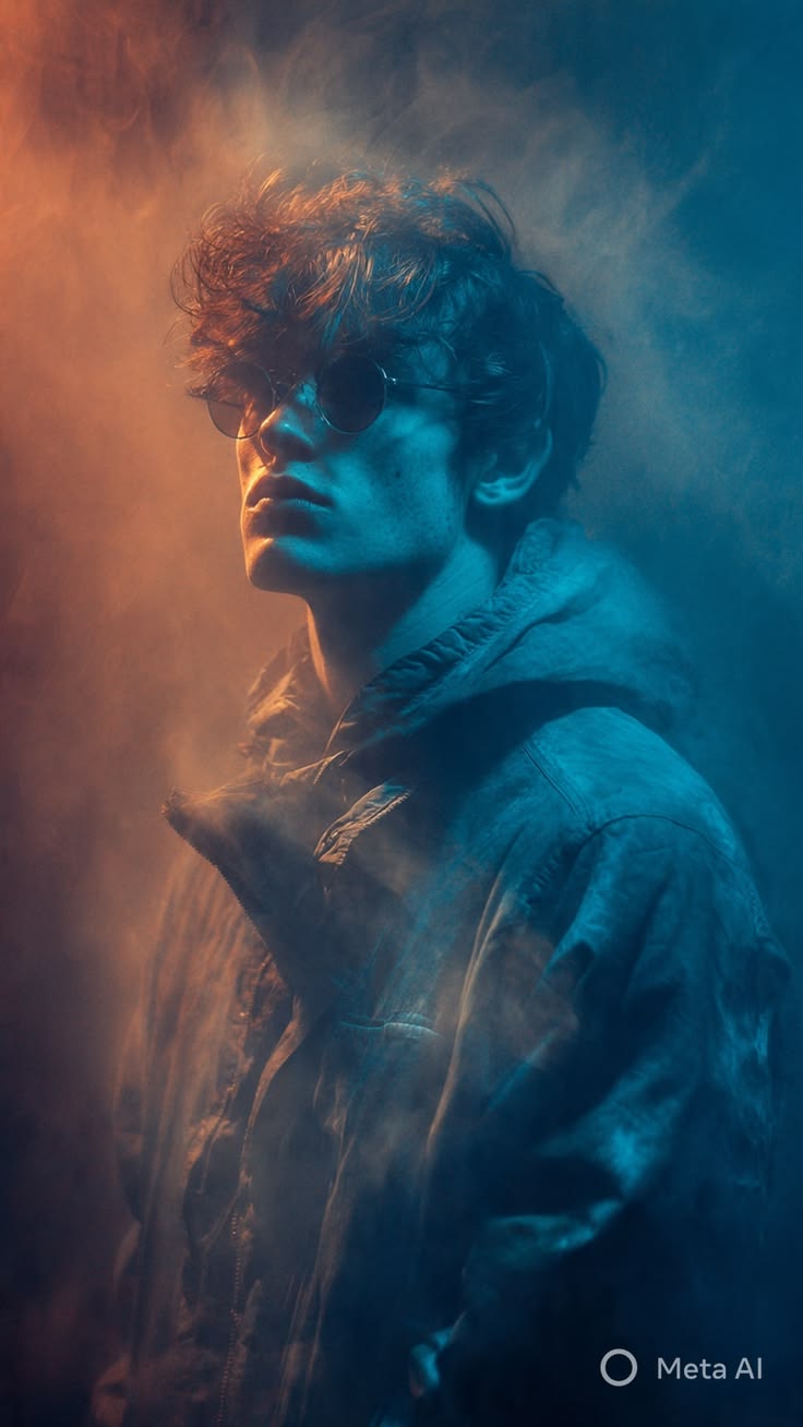 Smoky Portrait Prompt for a cinematic male poster with sunglasses, hooded jacket, and teal-amber smoke
