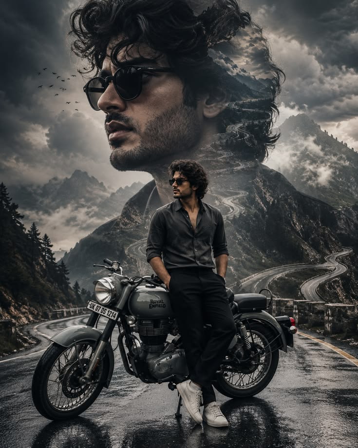 Himalayan Biker Prompt featuring a cinematic motorcycle adventure poster with stormy mountain roads and double exposure portrait styling.