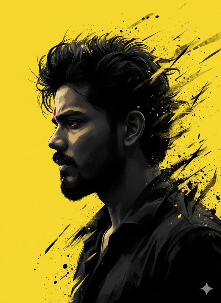 Warrior Illustration Poster with yellow background, black splatters, and red tilak styling