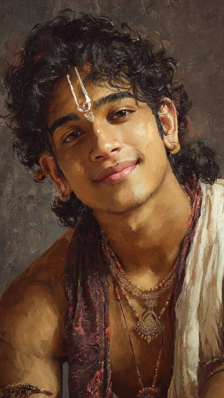 Devotional Portrait Prompt featuring a painterly oil-style devotional close-up portrait with tilak, jewelry, red scarf, and textured canvas details.
