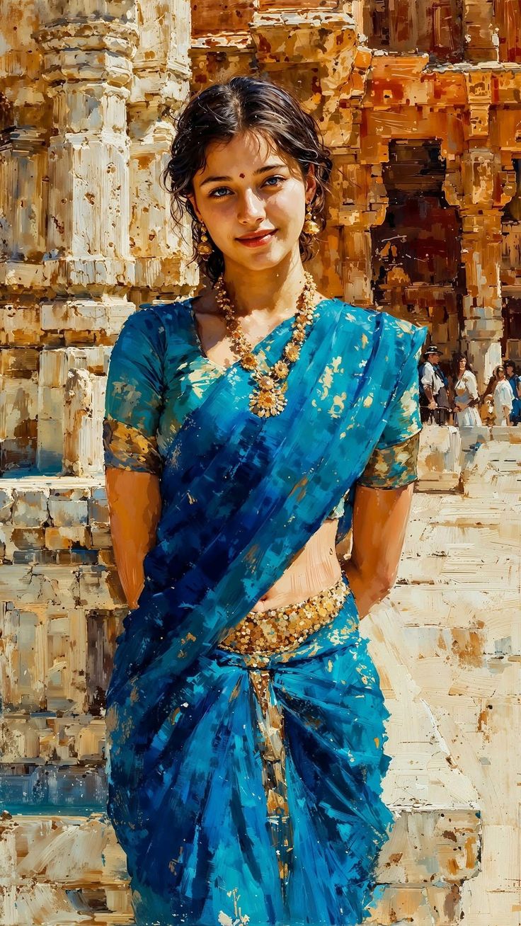 Temple Sari Prompt featuring a painterly Indian-style portrait in a teal sari with gold jewelry, warm temple architecture, and rich canvas texture.