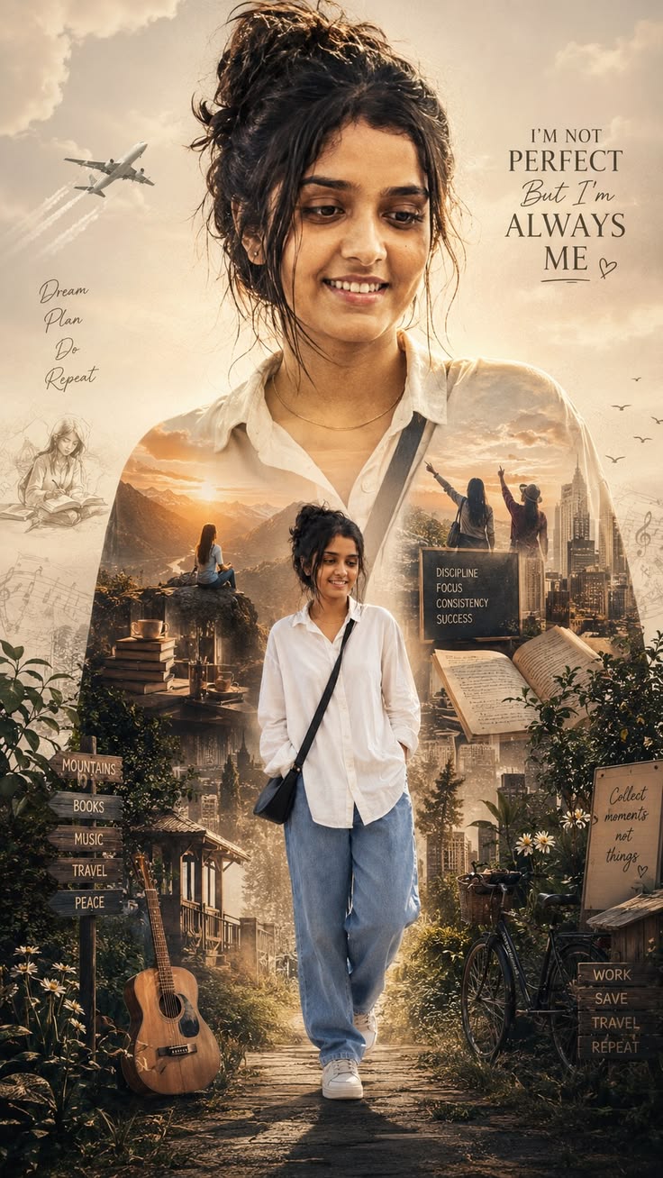 Travel Collage Prompt for cinematic motivational portrait editing