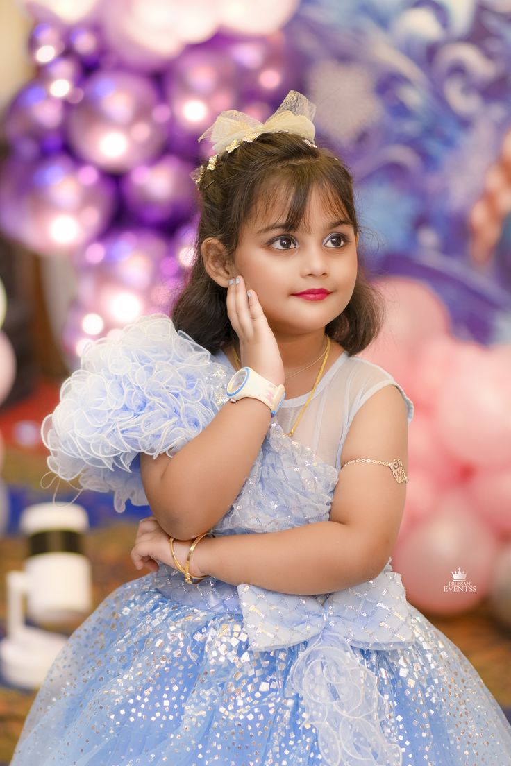 Birthday Princess Portrait Prompt with pastel studio decor and a blue princess dress