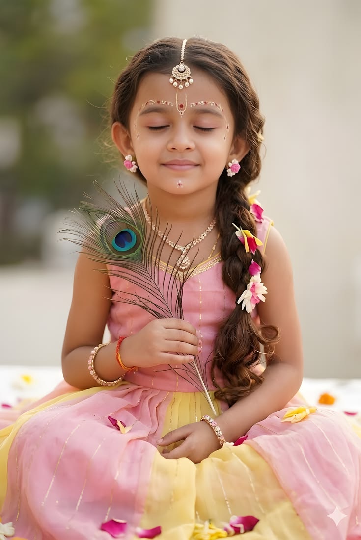 Devotional Child Portrait Prompt with pastel traditional dress and peacock feathers