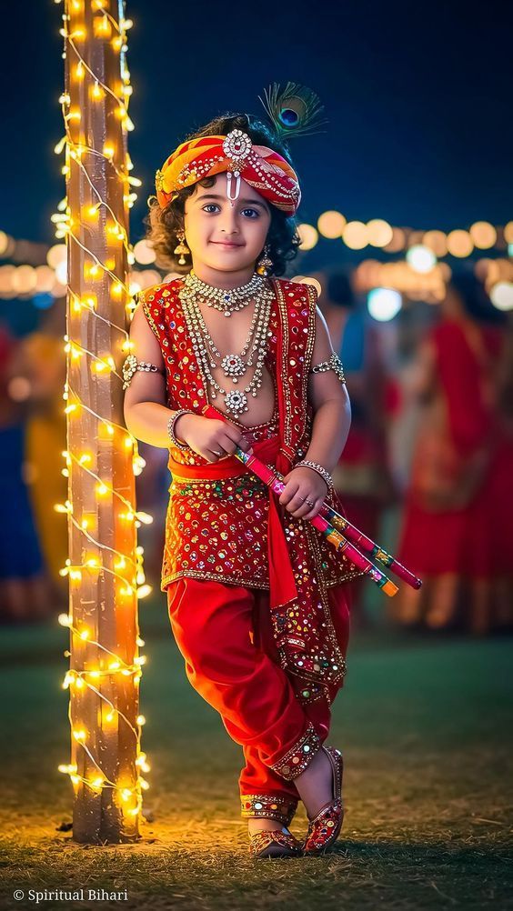 Krishna Festival Portrait Prompt with fairy lights, red festive outfit, and peacock feather styling