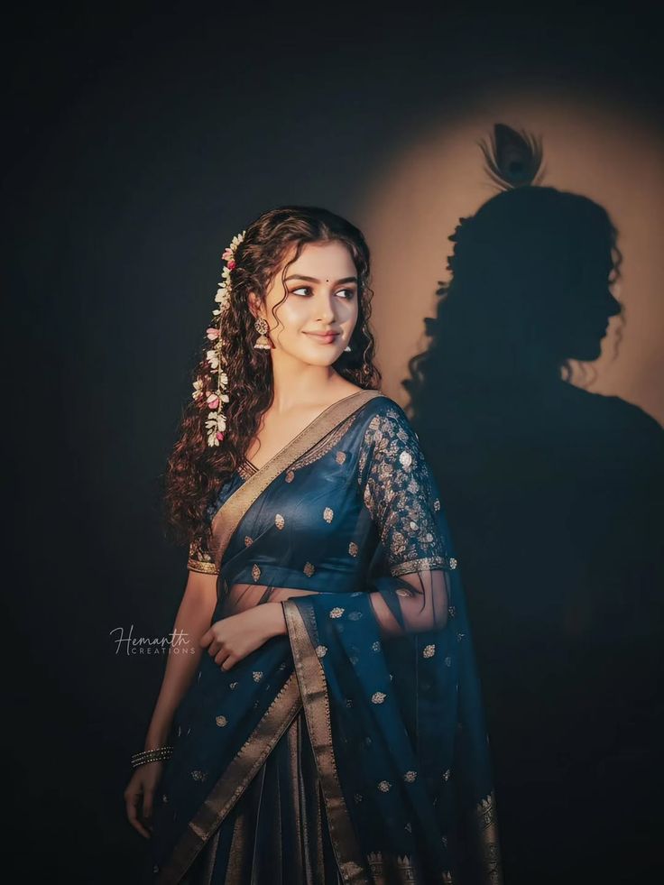 Krishna Shadow Portrait Prompt with dark saree styling and warm devotional shadow play