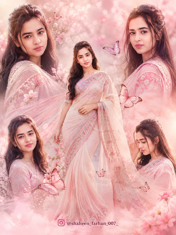 Romantic Saree Collage Prompt for a dreamy pastel floral portrait collage poster.