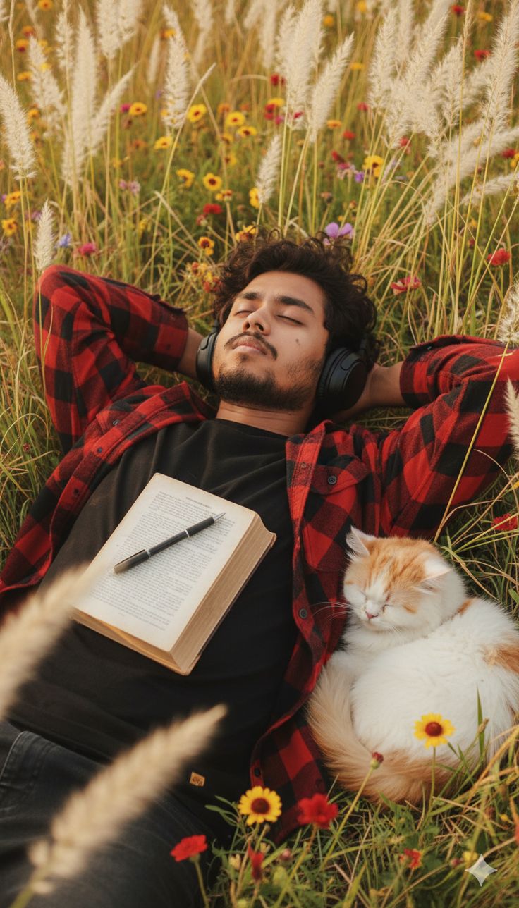 Meadow Headphone Portrait with golden grass, black headphones, open book, red plaid shirt, and sleeping orange-white cat