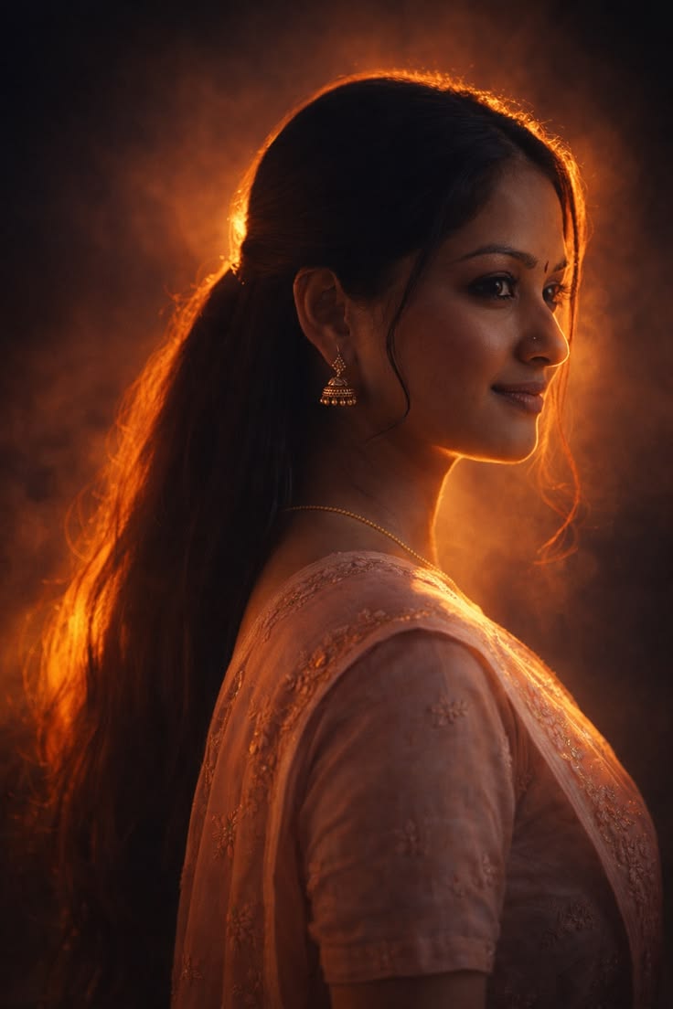 Cinematic Profile Portrait with warm rim light, peach-pink sari styling, smoky background, and photoreal side-profile beauty.