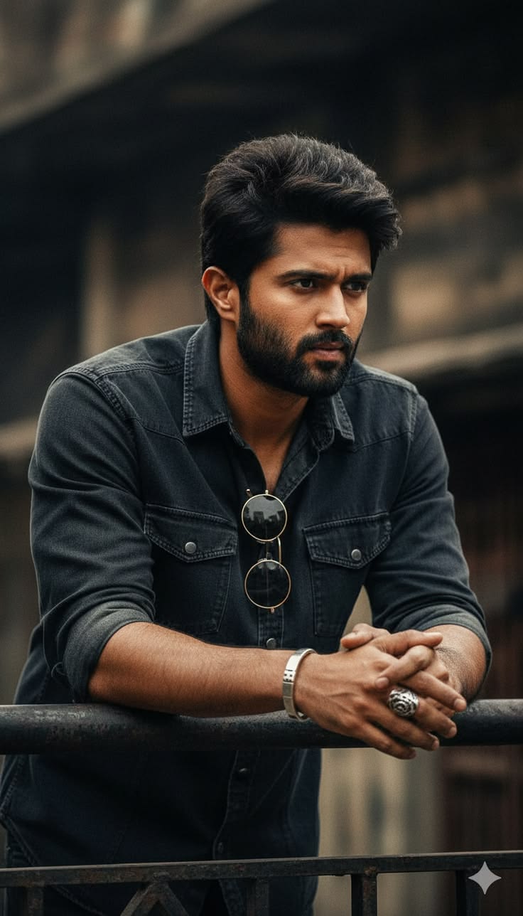 Urban Male Portrait with dark denim styling, clasped hands, metal railing, and moody cinematic city background.
