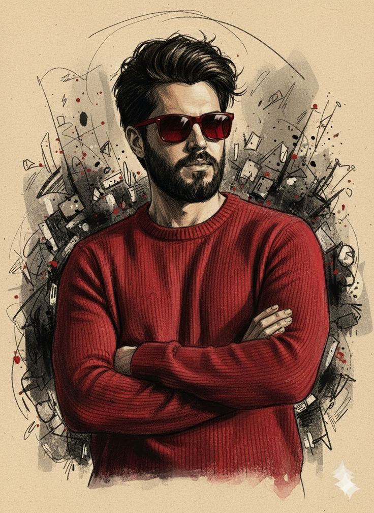 Red Sweater Poster with crossed arms, dark red sunglasses, beige paper texture, urban sketch background, and bold fashion style.