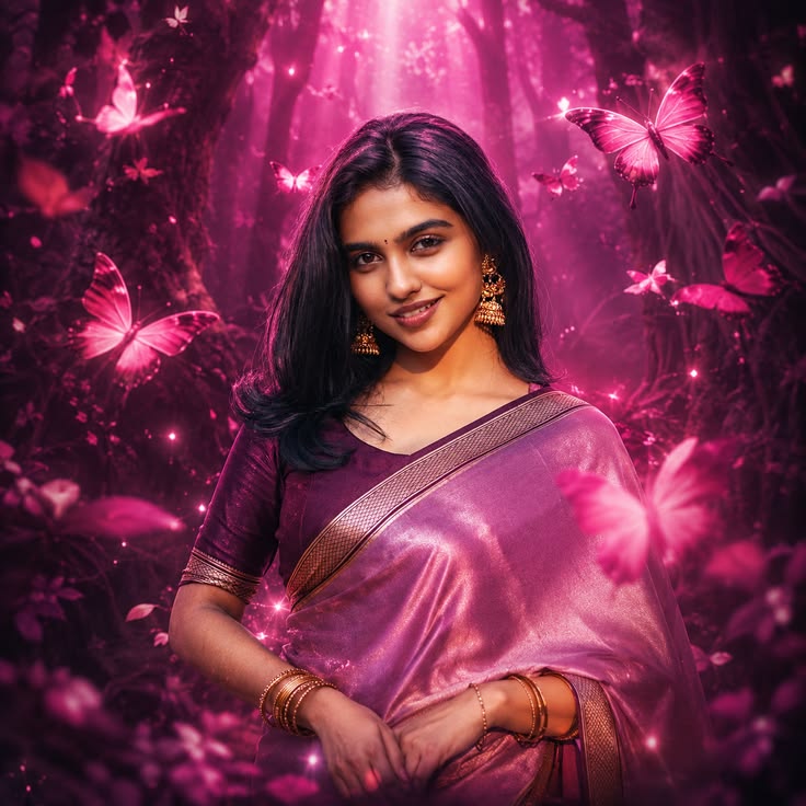 Fantasy Sari Portrait with cinematic magenta forest lighting and glowing butterflies.