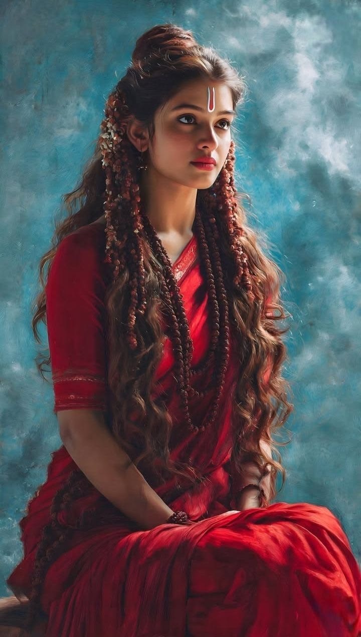 Devotional Sari Portrait with deep red sari styling, rudraksha bead garlands, tilak, and smoky teal background.