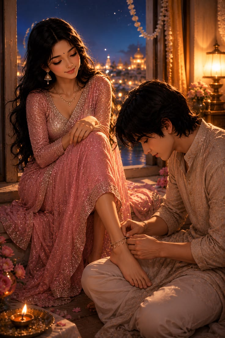 Festive Anklet Portrait Prompt showing a romantic cinematic Indian window-side anklet scene