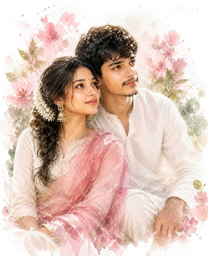 Watercolor Couple Portrait showing a romantic seated couple with pale pink flowers and soft paper texture
