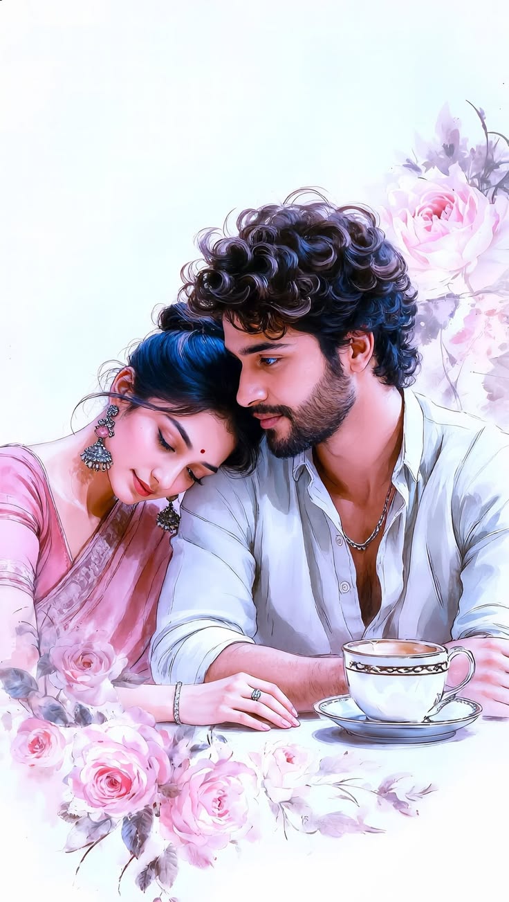 Watercolor Couple Portrait featuring a romantic seated cafe couple with roses and soft pastel watercolor texture