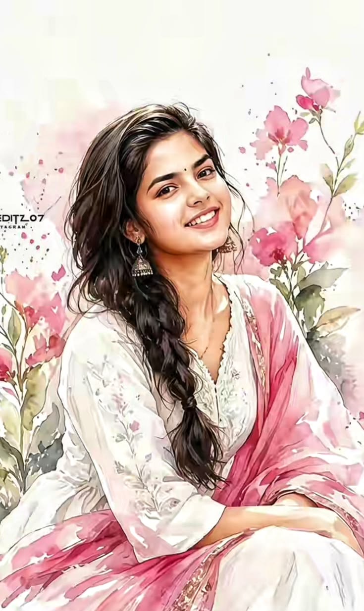 Watercolor Floral Portrait with soft floral background and romantic ethnic styling