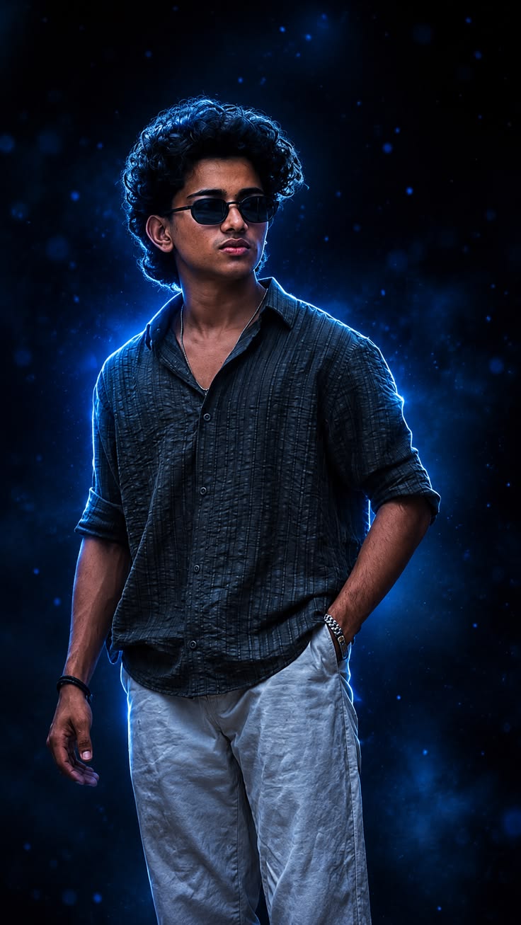 Blue Fashion Portrait Prompt featuring a dramatic studio portrait with sunglasses, smoky blue lighting, and a cinematic fashion look.