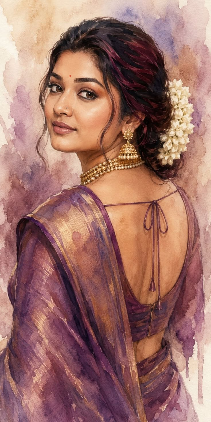 Indian Bridal Watercolor Portrait Prompt featuring a graceful bride in a violet sari with jasmine flowers and gold jewelry.