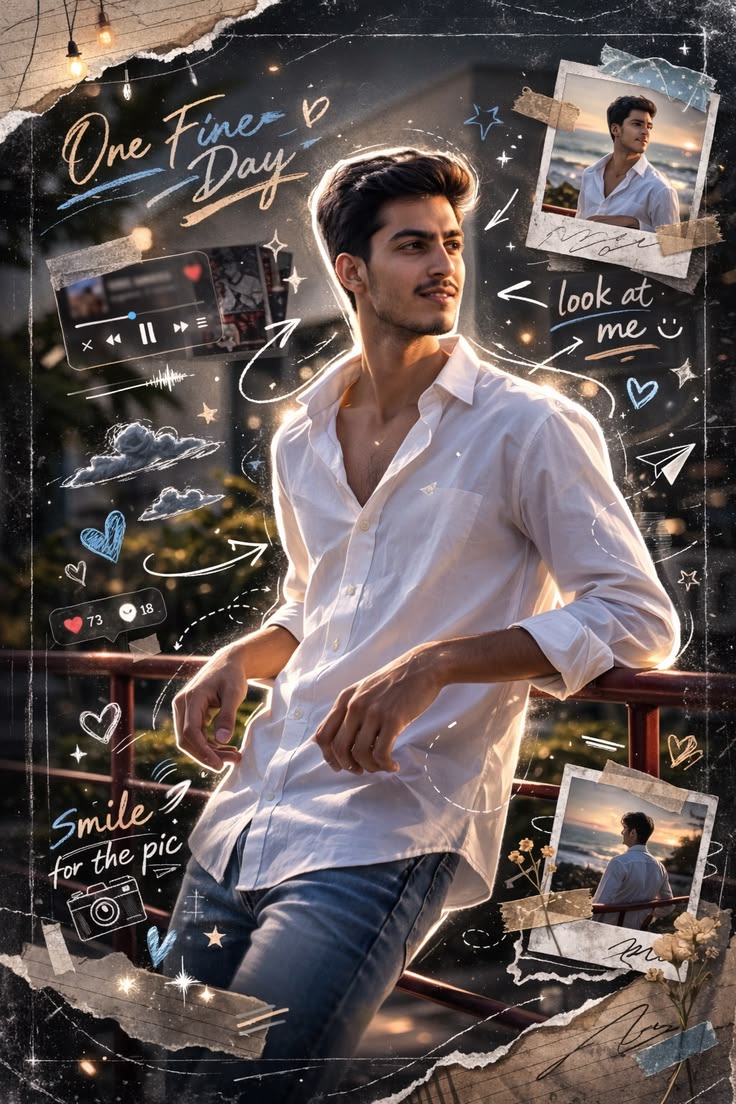 Scrapbook Poster Prompt cinematic editorial collage with golden-hour balcony style and polaroid details
