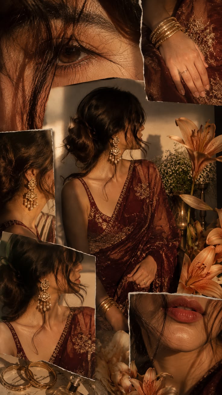 Romantic Scrapbook Collage Prompt for a moody editorial saree scrapbook poster concept
