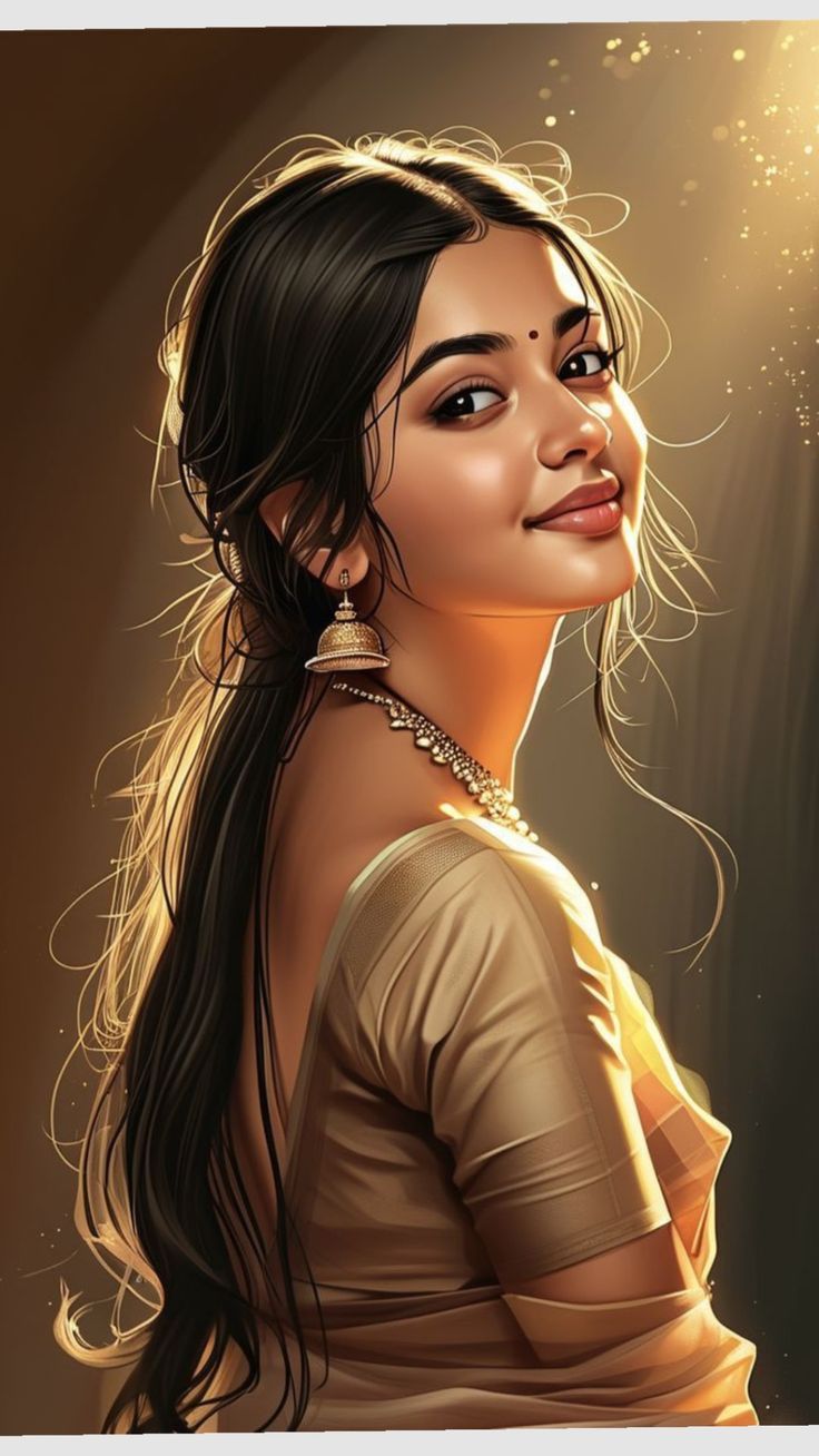 Golden Sari Portrait with warm sunbeam lighting, elegant sari styling, and semi-realistic digital illustration detail.