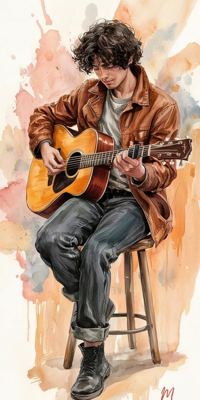 Watercolor Guitarist Prompt featuring a seated musician with acoustic guitar, soft paint washes, and expressive ink outlines.