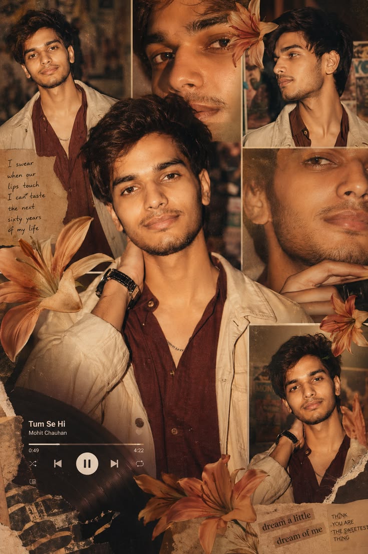 Vintage Scrapbook Prompt for a cinematic editorial portrait collage with sepia tones, layered panels, lilies, and scrapbook textures