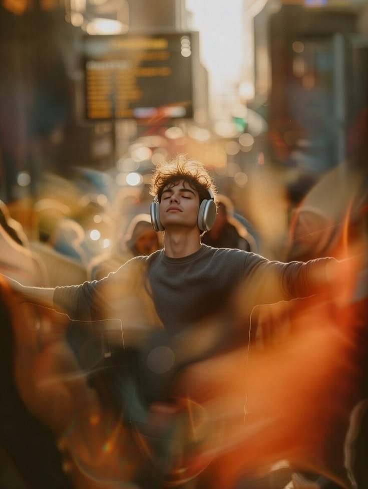 Urban Headphones Prompt featuring a peaceful city portrait with over-ear headphones, golden-hour haze, crowd bokeh, and cinematic motion blur.