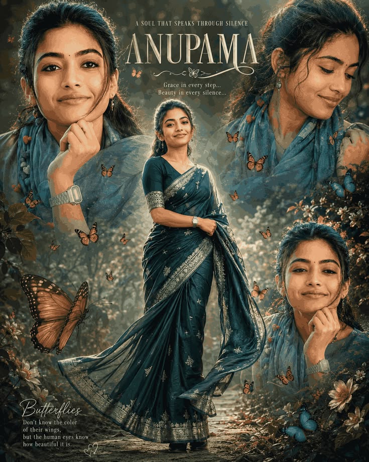 Cinematic Tribute Prompt premium portrait collage poster with butterflies and teal cinematic lighting