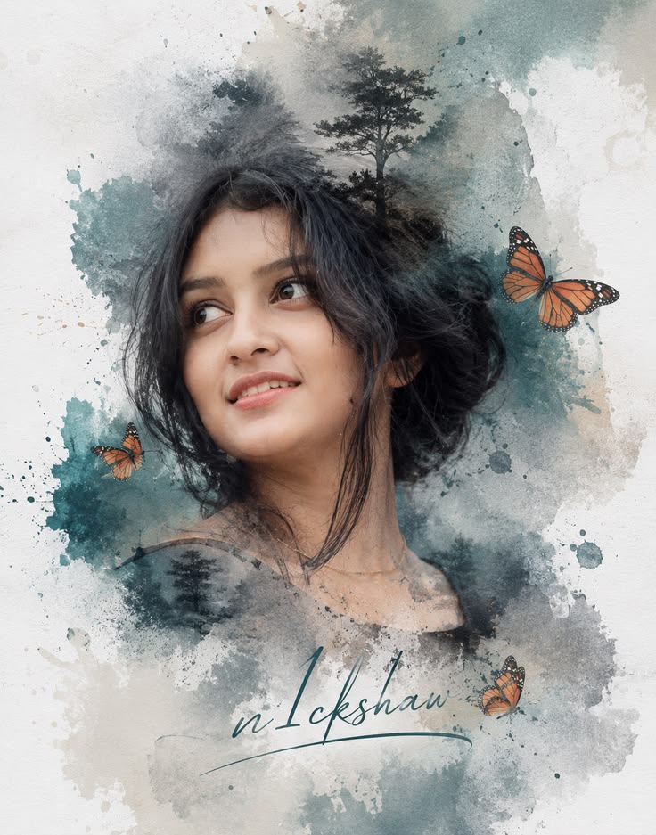 Double Exposure Watercolor Portrait poster with monarch butterflies, forest silhouettes, and soft teal watercolor textures.