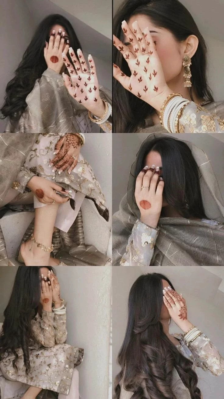 Mehndi Scrapbook Prompt featuring a soft bridal collage with hidden-face portraits, elegant mehndi hands, and grey embroidered fashion
