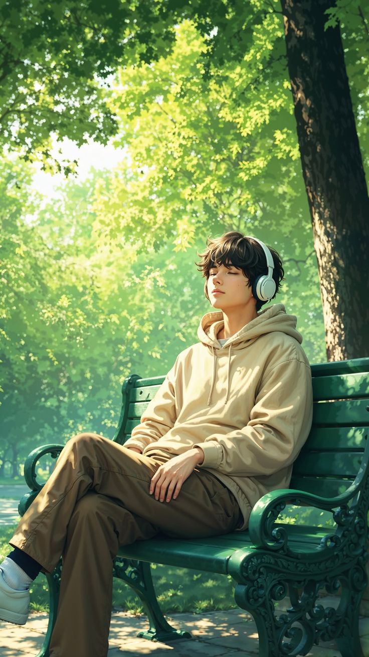 Anime Park Portrait with cream headphones, sunlit trees, green bench, khaki pants, and peaceful summer mood
