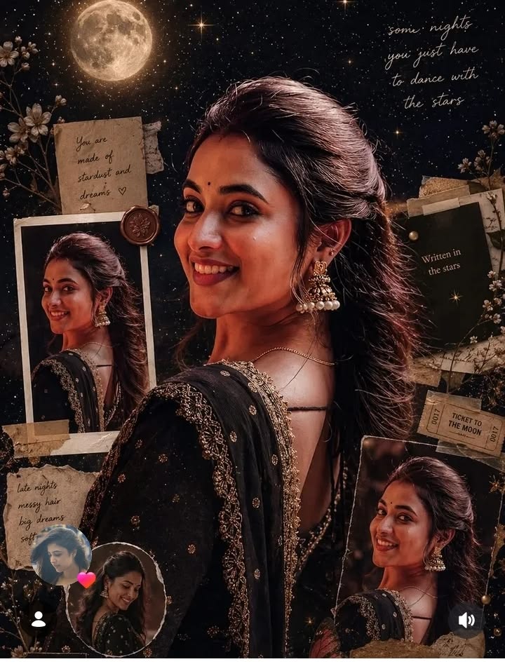 Astrology Scrapbook Poster for a cinematic celestial Indian portrait collage concept.