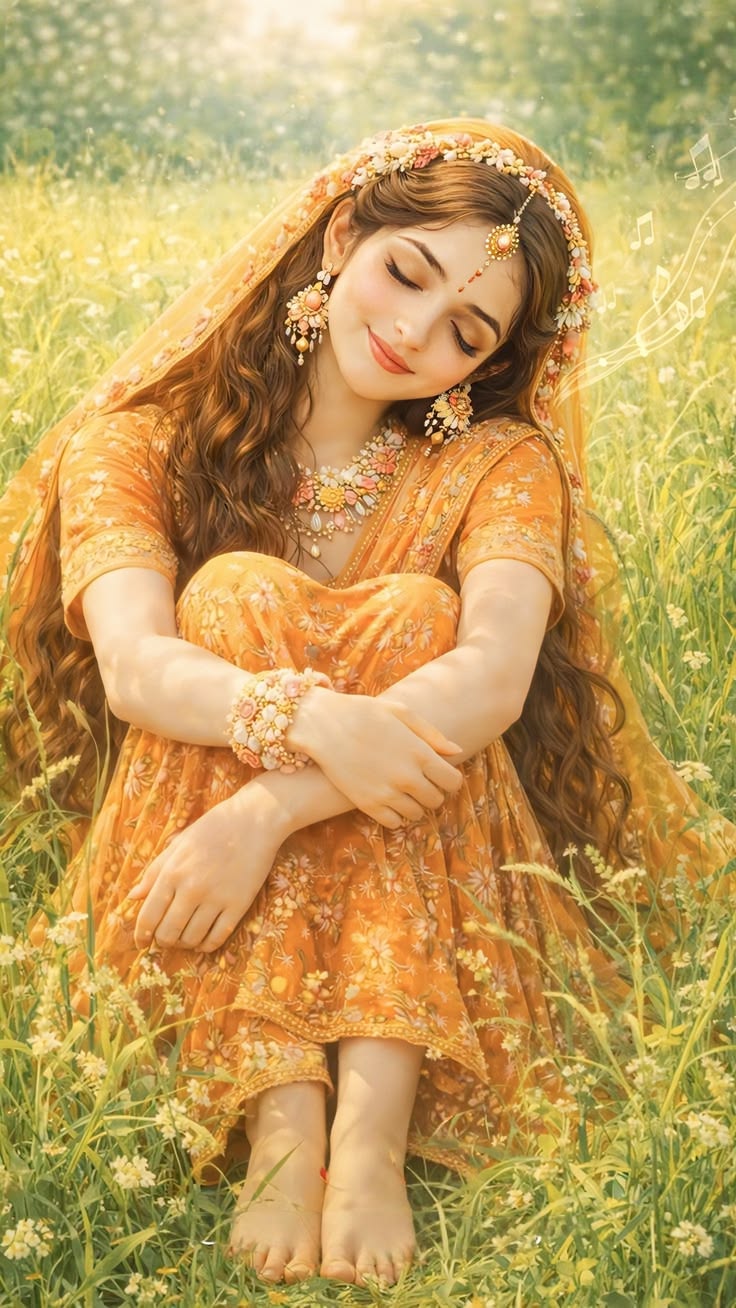 Meadow Lehenga Portrait with orange floral lehenga, sheer veil, golden sunlight, and dreamy meadow flowers.