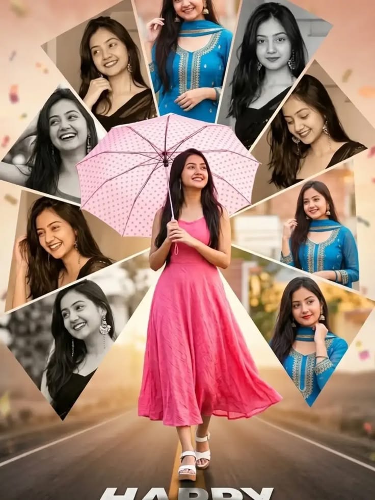 Birthday Collage Poster Prompt featuring a warm dreamy collage poster concept with a pink umbrella