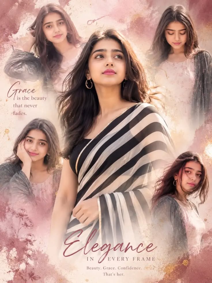 Watercolor Sari Collage with blush paper texture, elegant sari styling, and faded portrait panels.
