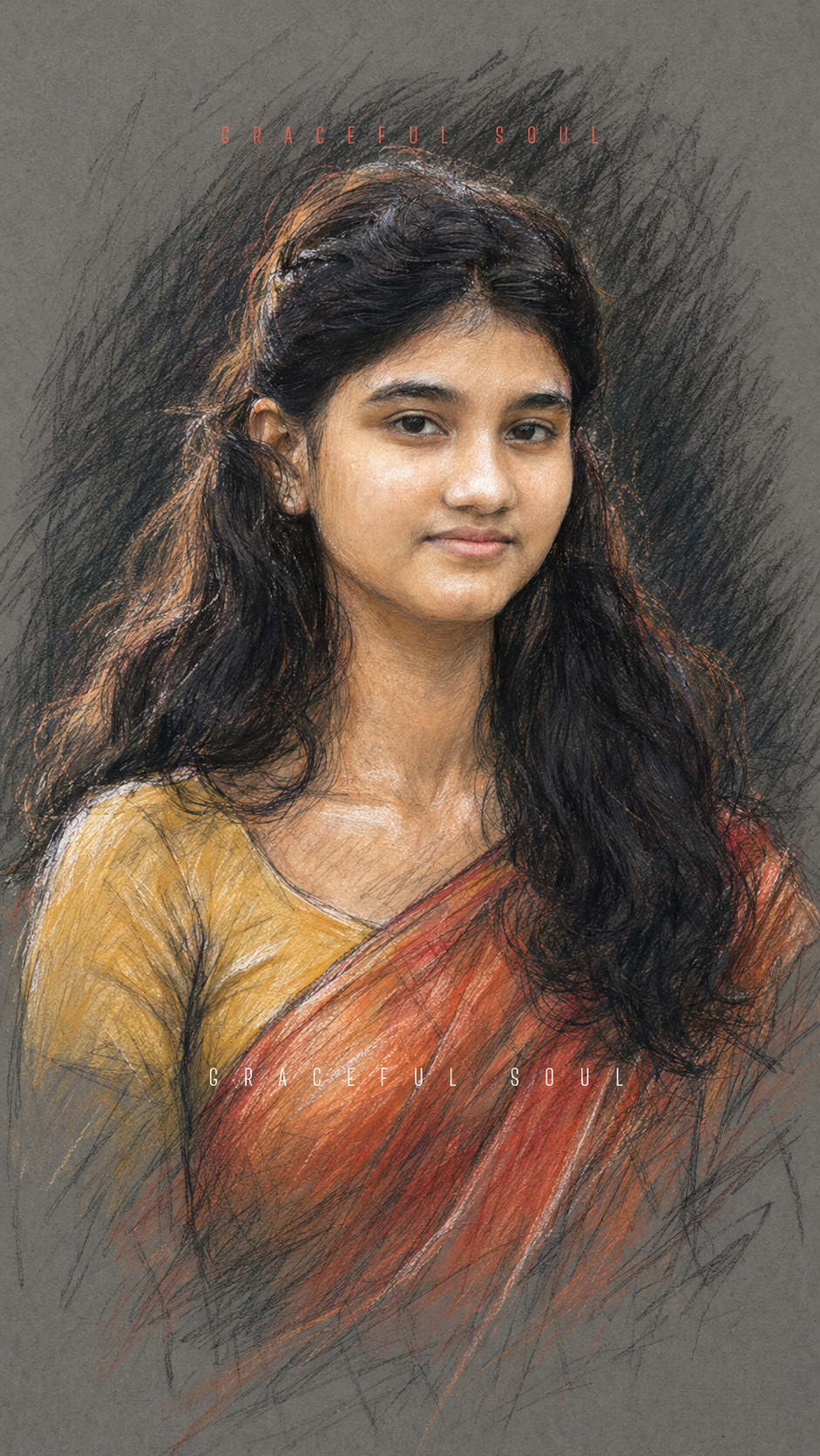 Pastel Pencil Portrait on muted gray paper with charcoal lines, warm orange highlights, and a red-orange saree drape.