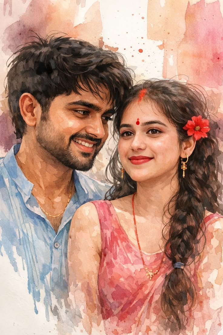 Watercolor Couple Portrait Prompt featuring a romantic Indian couple in soft semi-realistic watercolor style
