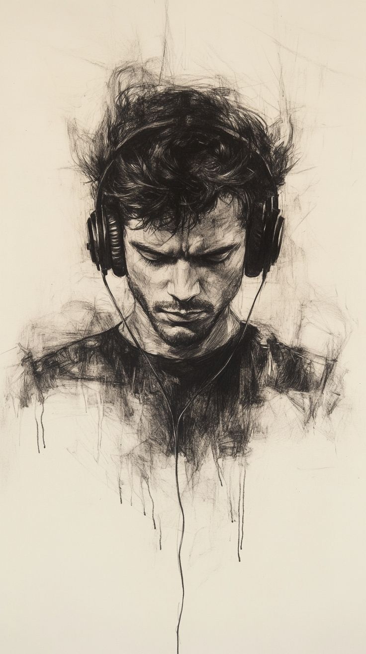 Charcoal Headphones male bust sketch with downward gaze, rough graphite texture, warm beige paper, and expressive hand-drawn shading.