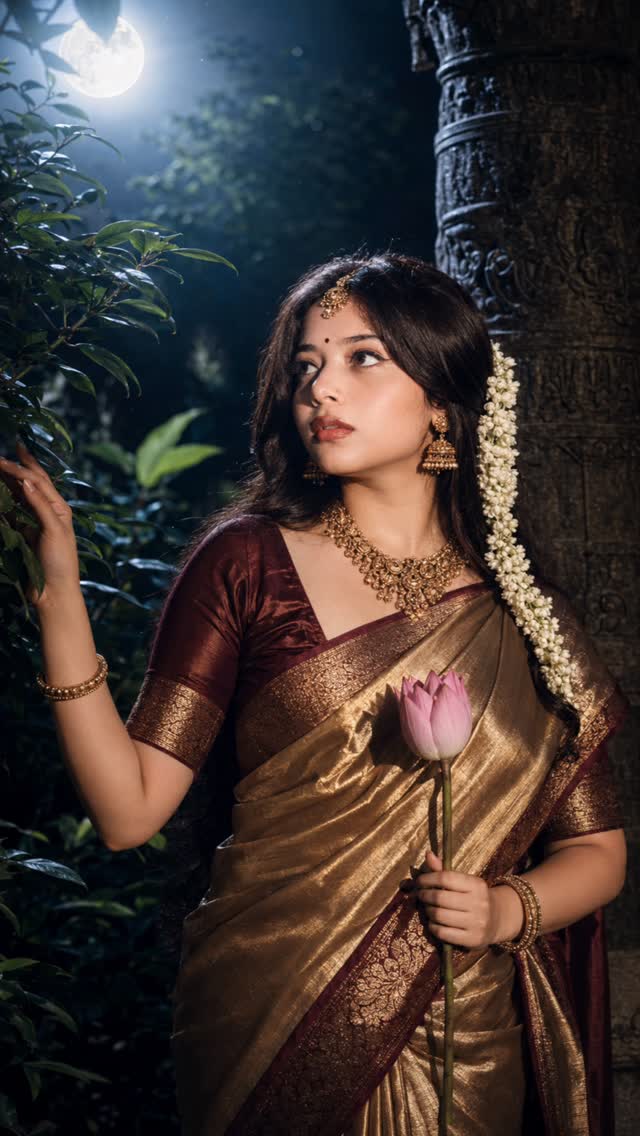 South Indian Portrait featuring a moonlit temple garden with elegant traditional styling and cinematic luxury.