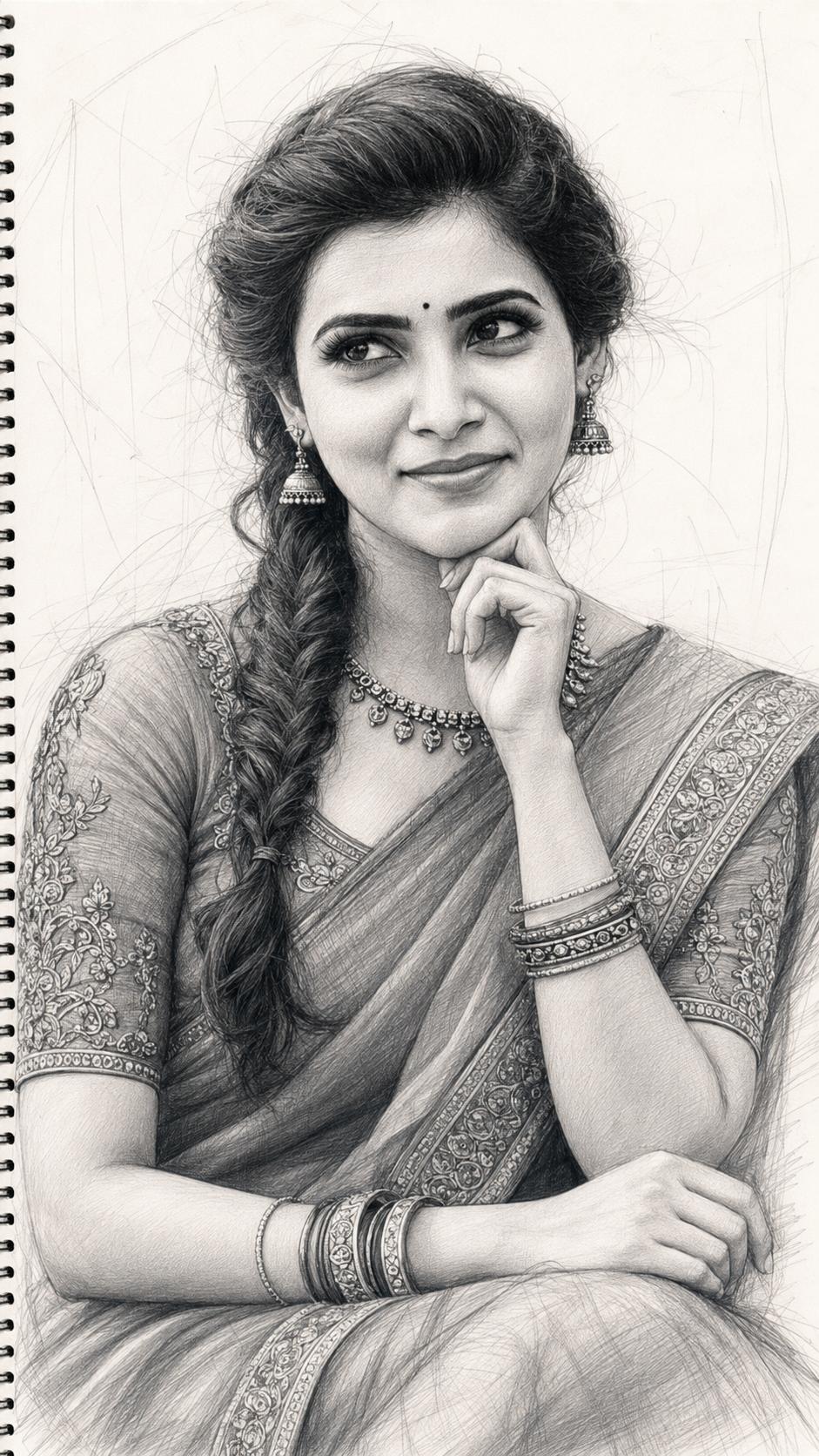 Graphite Saree Portrait featuring a realistic monochrome traditional sketch.