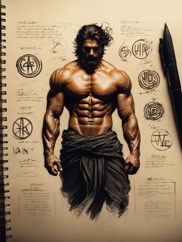 Sketchbook Warrior Poster showing a central male figure on aged paper with spiral binding, notes, symbols, and a right-side pen.