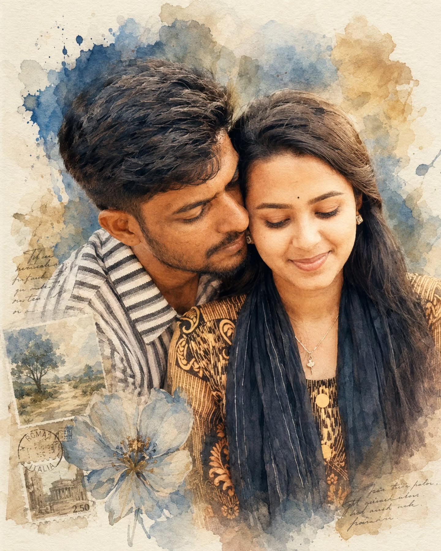 Watercolor Couple Portrait displayed with handcrafted watercolor textures and a romantic vintage editorial composition.