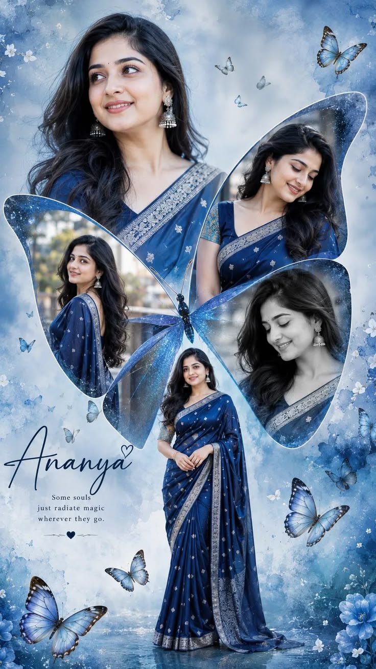 Blue Butterfly Portrait watercolor collage poster with blue sari, butterflies, floral corners, and elegant name typography.