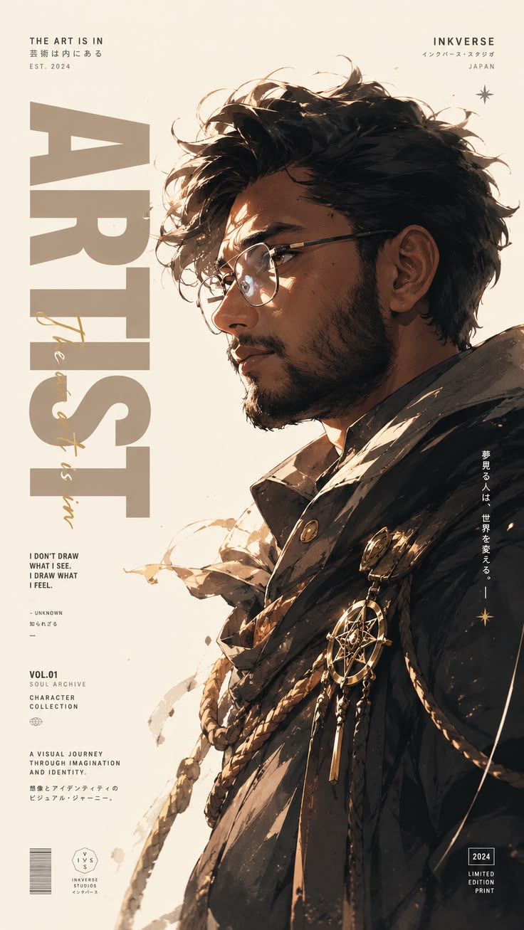 Anime Editorial Portrait of a thoughtful male character with round glasses, layered dark cloak, and warm editorial poster styling.
