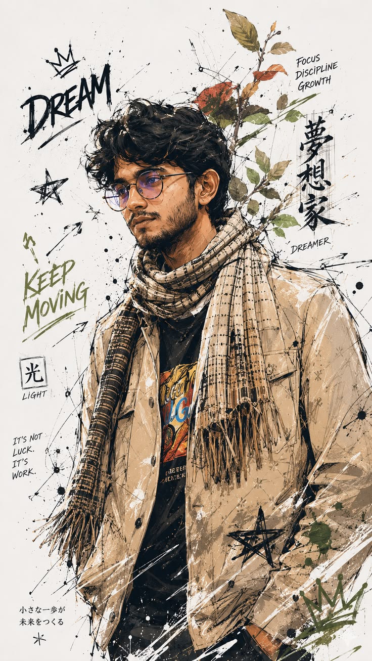 Anime Fashion Wallpaper showing a calm male character with round glasses, beige coat, thick scarf, and graffiti paper background.