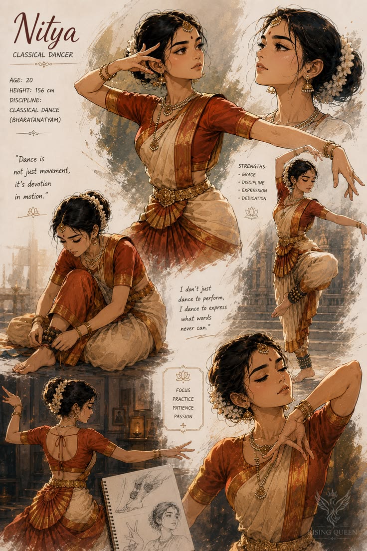 Bharatanatyam Poster showing a graceful classical dancer collage with watercolor texture and temple-inspired details.