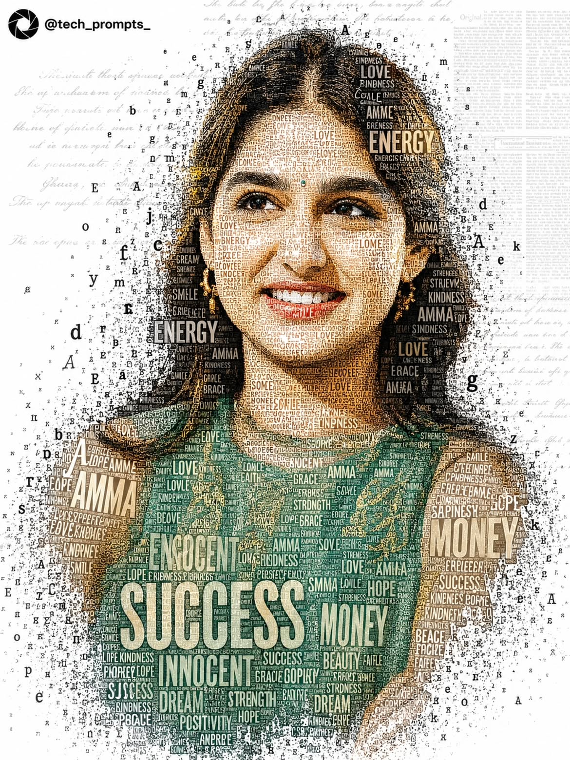 Word Art Woman with dense typography and emerald clothing